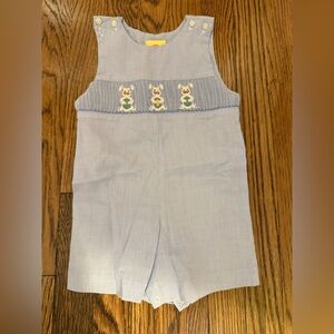 Southern Sunshine Light Blue Romper with embroidered/smocked Easter Bunnies